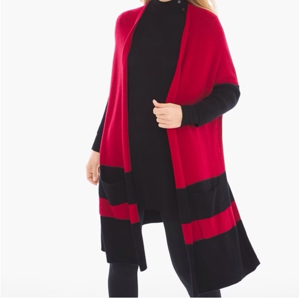 Chico’s Zenergy S/M Red Open Front‎ Cotton Cashmere Colorblock Longline Cardigan